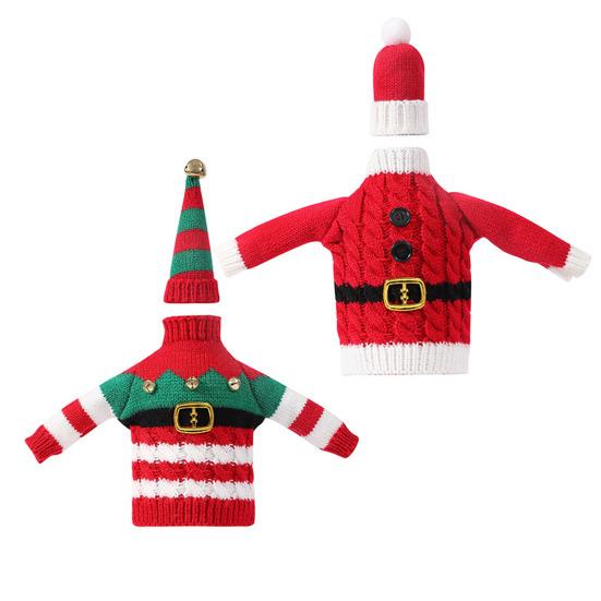 Рождественский чехол для бутылки вина, вязаный рождественский свитер для бутылки с шапкой Санты для бутылок вина, шампанского, пива, праздничное украшение для вечеринки