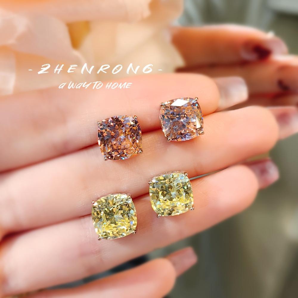 Fashion Princess Square Cut Earrings High Carbon Diamond Pink Yellow Gemstone Jewelry for Women