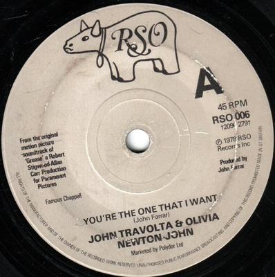 7-дюймовая пластинка JOHN TRAVOLTA OLIVIA NEWTONJOHN Youre The One That I Want RSO006 RSO 1978 Великобритания Поп Б/у