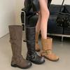 ~ Soft Leather Thick-soled Double-buckle Retro Belt Buckle Rubbed Long Boots Women's Spring Medium and High Boots Knight Boots