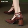 2024 Spring Summer Elegant Fashion Women Pumps Suede Genuine Leather Square Toe High Heels Party Prom Ankle Strap Shoes Woman