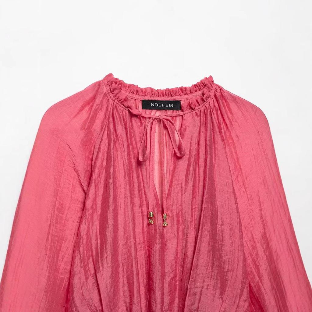 Женский комплект ZA Весна 2025 Европейский и американский стиль Жатый волан Стойка Короткий топ и юбка миди