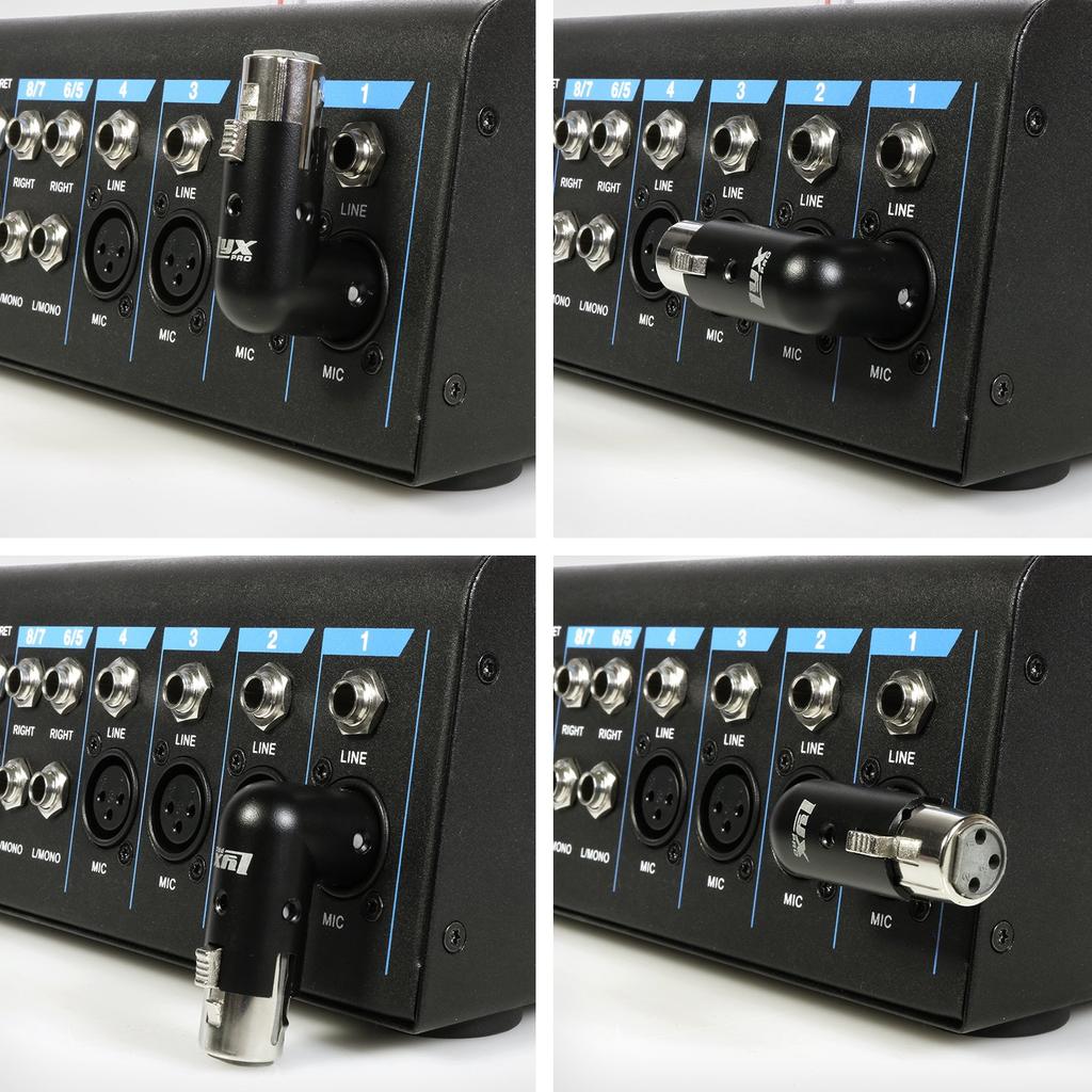 The LyxPro XLR Angle Adapter Dual Male and Female Can Be Placed In 4 Different Right and 90 Perfect for Mixers That Interfere with Other Angles Left,