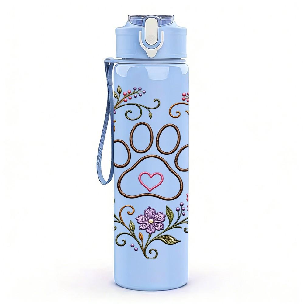1PC Paw Print Flower Wreath Pattern 750ml Color Plastic Sports Water Bottle Leakproof Flip Straw Lid Suitable for Sports Office Home Use
