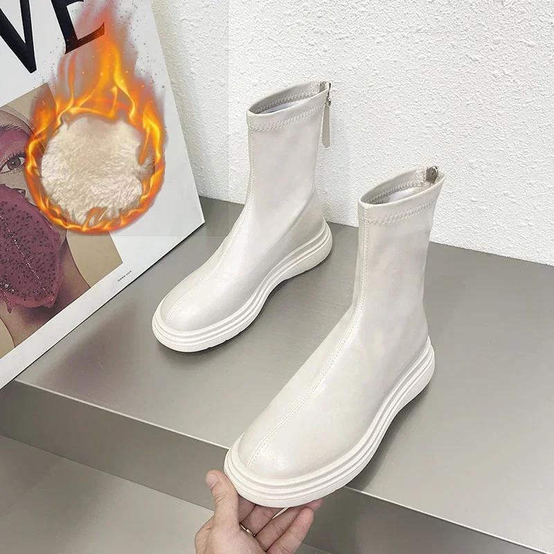Fashion Winter Cotton Women's High Boots Fashion Soft Leather Back Zippers Long Botas Ladies Comfort Short Plush Knee High Booties