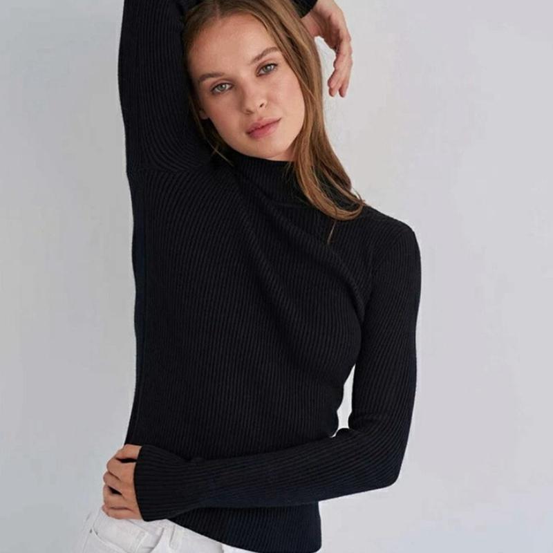 Женский осенне-зимний однотонный свитер с высоким воротником и длинными рукавами, облегающие вязаные топы