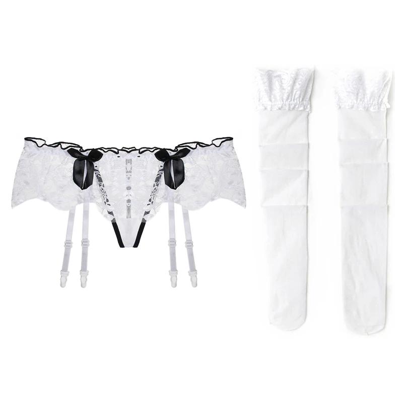 Черный Розовый Красный Белый Кружевной Бант Подвязка Трусики и Комплект Чулок Женский Сексуальный Тонкий Прозрачный Свадебные Подвязки Пояс для Подвязок