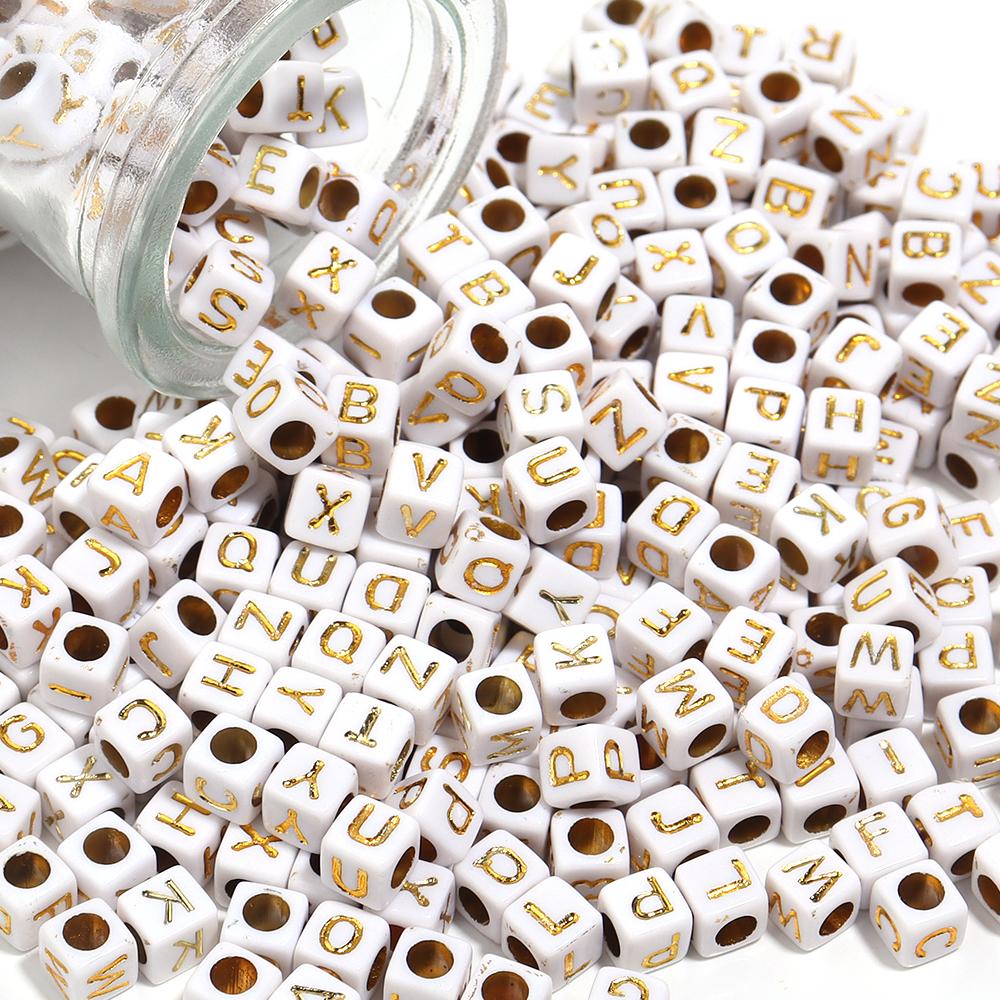 100pcs/lot 4.5 6mm Gold Letter Acrylic Square Beads Large Hole Loose Alphabet Beads For DIY Craft Bracelet Earrings Accessories