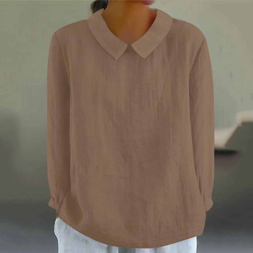 Women's Fashion Doll Collar Long Sleeve Loose Solid Color Shirt Casual Button Top