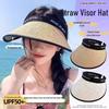 Headband-Style Black Vinyl Open-Top Straw Sun Hat - UV Protection for Cycling and Beach