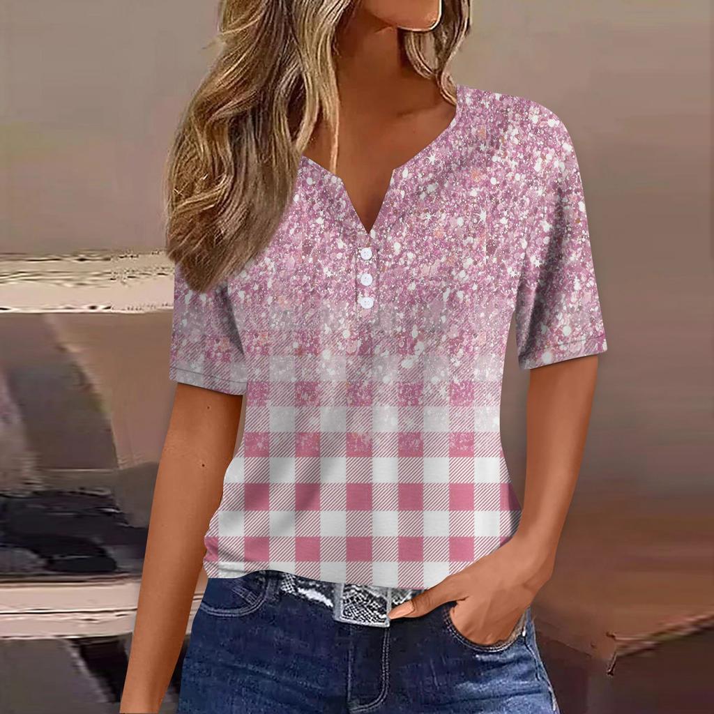 Жен. Футболка Футболка С принтом Пуговицы С короткими рукавами Повседневные Выходные Мода Классический V-образный вырез Обычный Верх