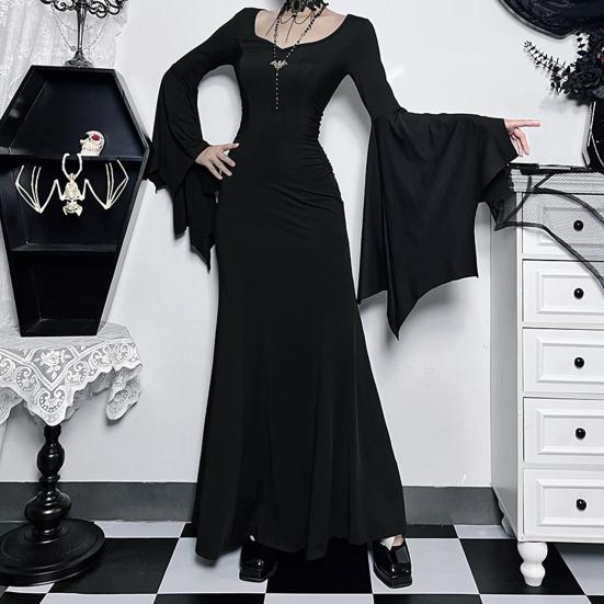 Женское платье на Хэллоуин, подол «рыбий хвост», облегающий крой, нерегулярные манжеты с рюшами, рукава «летучая мышь», готический круглый вырез, сплошной цвет