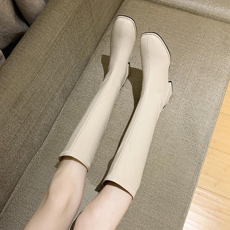Fashion Winter Woman Knee-High Boots Fashion Comfort Soft Leather Square Low Heel Long Booties 2024 Trend Add Fur Women's Boots