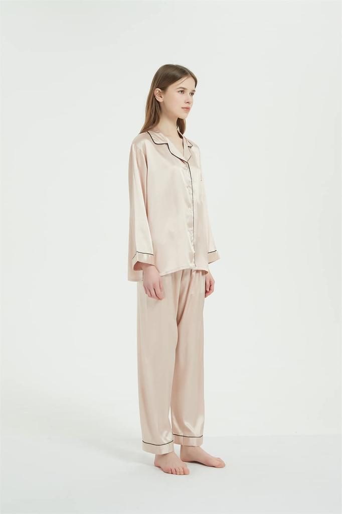 Pajamas Silk Satin Top and Bottom Set Room Wear Loungewear Long Sleeve Open Front Light Pink L [KUMASEN] Women's