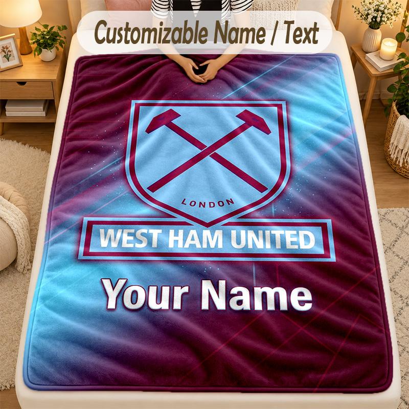 Flannel BlanketWest Ham United FC Custom Name Text Personalized Soft Warm Throw Blanket Home Decor Gift