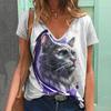 Ladies' V-neck 3D Printed Animated Cat and Dog Trendy Printed Short Sleeved T-shirts