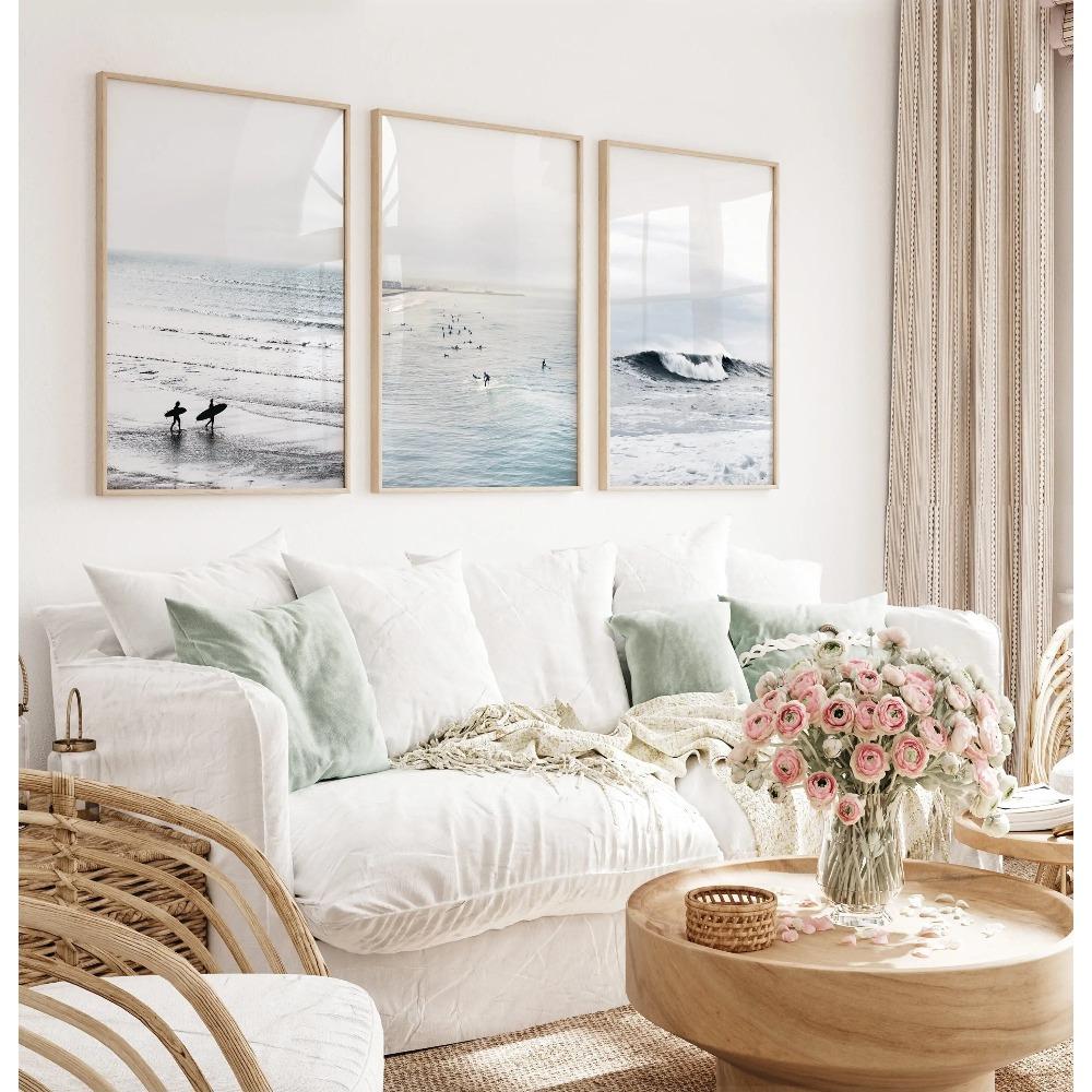 Soft Blue Coastal Surf Wall Art Prints, Minimalist Ocean Wave Beach Canvas Posters, Neutral Boho Living Room Home Decor Gifts