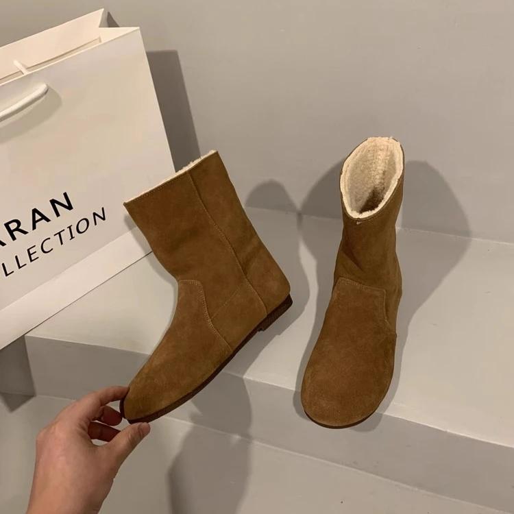 Ретро женские ботинки Высокие женские туфли Зимняя женская обувь Плюшевые короткие ботинки Женские с круглым носком Модные замшевые ботинки Ботас