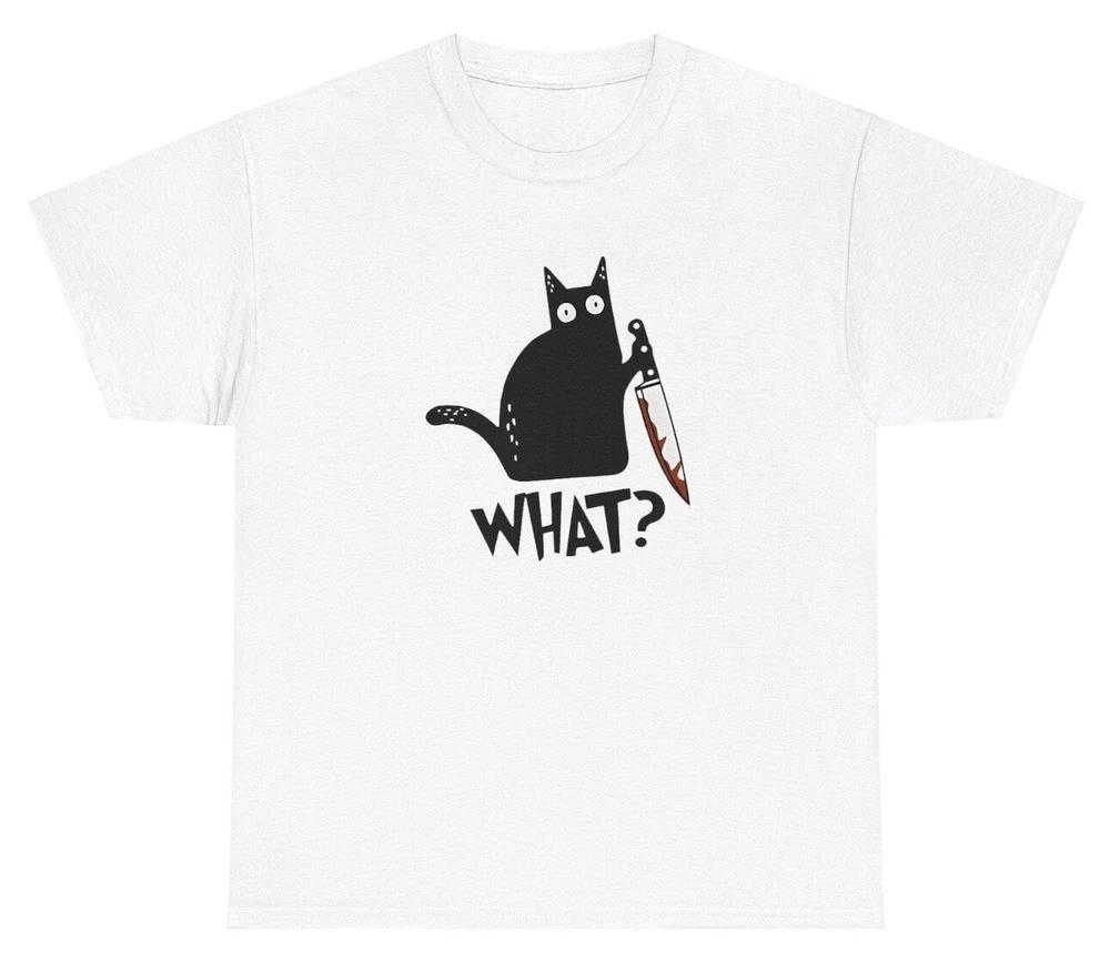 What Cat Holding Knife T Shirt Funny Cat Lover Silly Cursed Unhinged Gift Tee