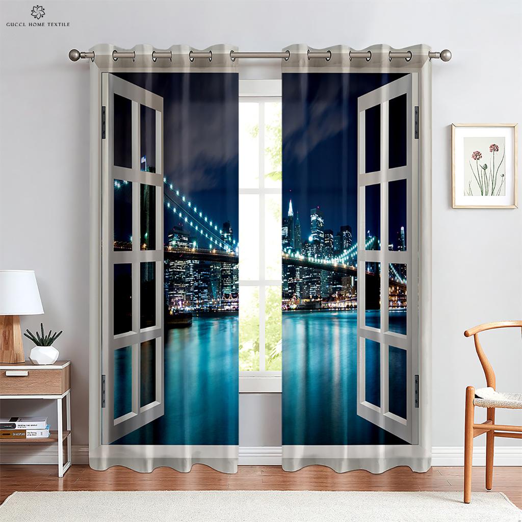Real Effect 3D Printed Curtains, Curtains with Seaside Scenery, Blue Sky Pattern, Outside the Window Window Decoration