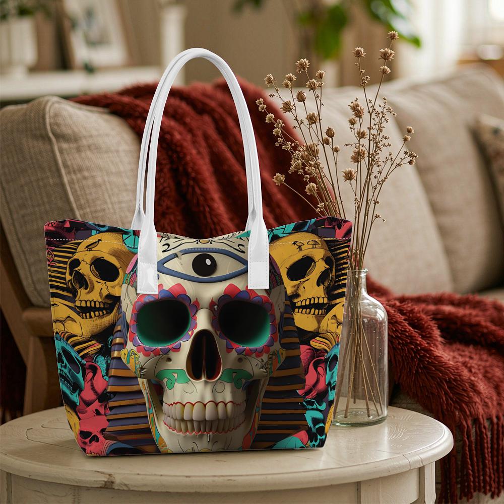 Colorful Skull Printed Tote Bag Fashion Casual Large Capacity Shoulder Handbag for Daily Use