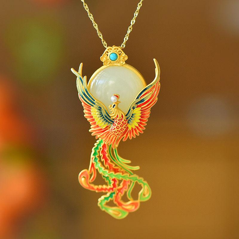 Colorful Enamel Phoenix Brooches for Women Natural Hotan Jade Broche Pendant Classical Court Style Luxury Brooch Jewelry