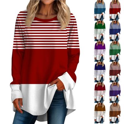 Женская негабаритная полосатая рубашка с длинными рукавами и круглым вырезом, полосатая футболка, верхний пуловер