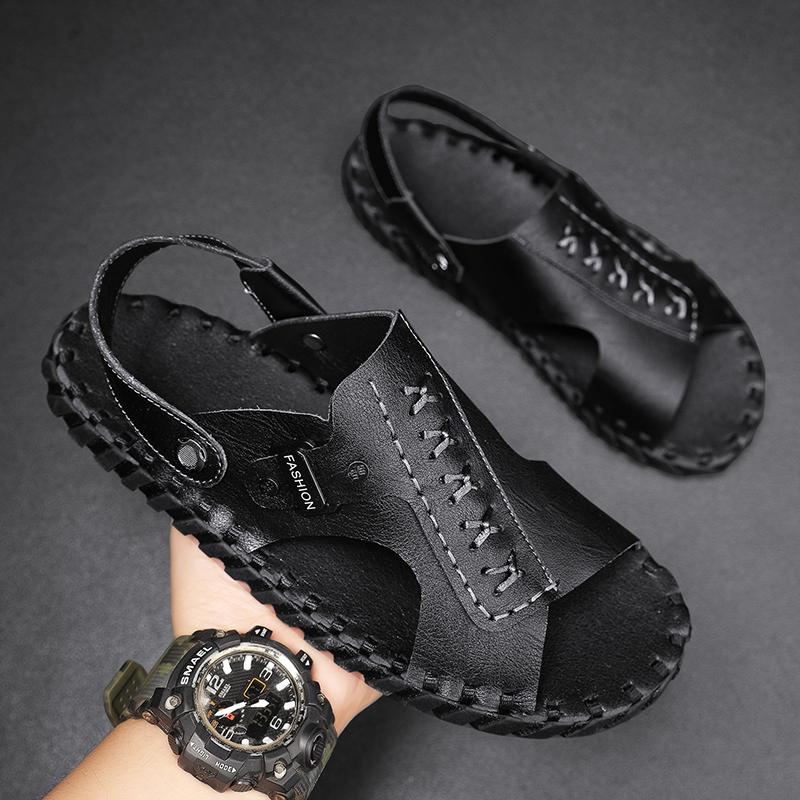 Fashion Classic Outdoor Men Sandals Handmade Leather Summer Flats Casual Lightweight Man Beach Shoes Quick Dry Wading Aqua Shoes Sandals