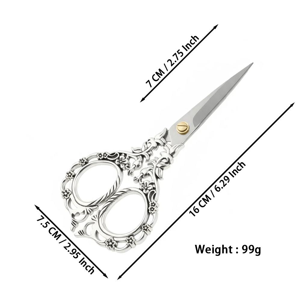 6.3''Vintage silver exquisite scissors with floral-inspired handles, sharp blades suitable for handicrafts and sewing, ergonomically designed for a
