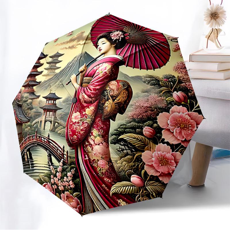 1PC Geisha Blossoms Automatic Folding Umbrella - Compact 8-Rib Design, Durable Plastic & Iron, Lightweight for Outdoor Daily Use, Festive Gift062