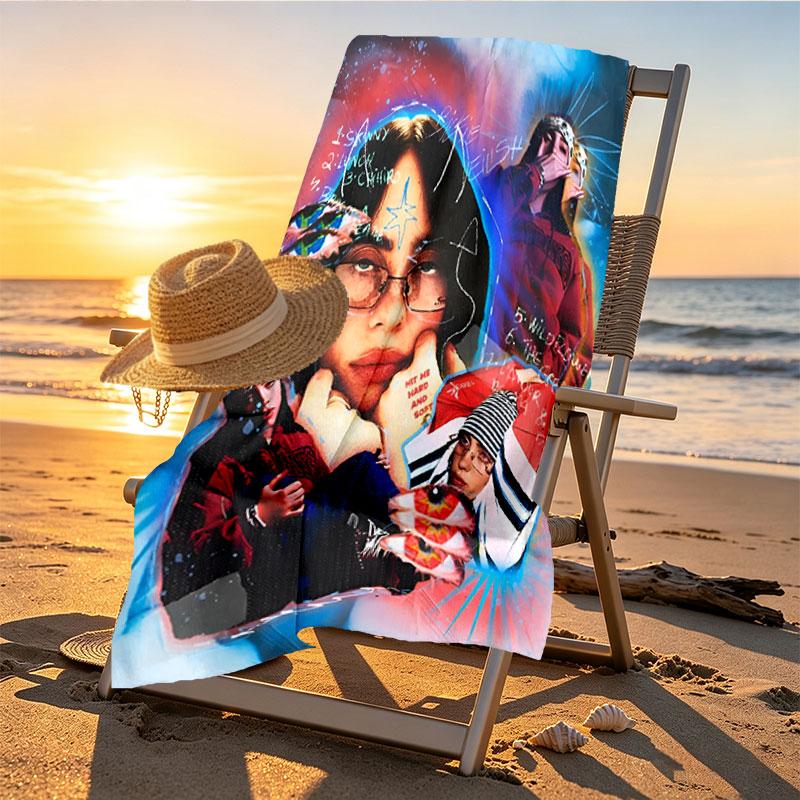 Billie Eilish Print Beach Towel Design, Soft, Lightweight. for Home Bathroom, Spa, Pool, Yoga, Surfing, Camping, Gift for Family, Friend