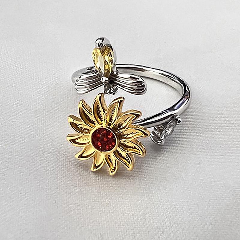 Кольцо с вращающимся подсолнухом, регулируемое по размеру, с цирконием, маленькая пчелка