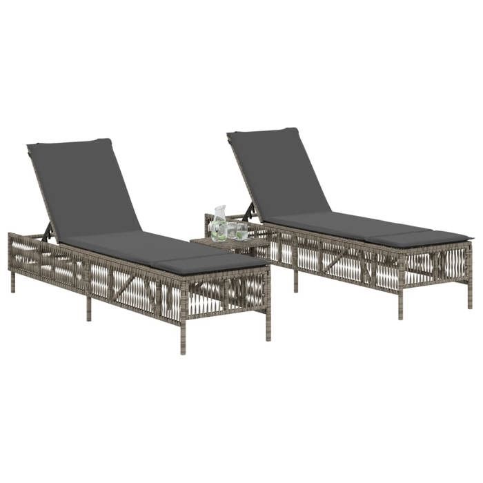 VidaXL Chaises longues lot de 2 avec table gris résine tressée, transat, lit de repos de jardin, meuble d'extérieur, chaise 4002748