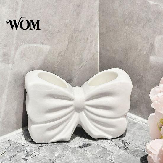 No Drill Bathroom Accessory 3D Printed Bow Toothbrush Holder, Adhesive Cup with Dual Holes for Pink White Organizer & Toothpaste, Cute Decor,