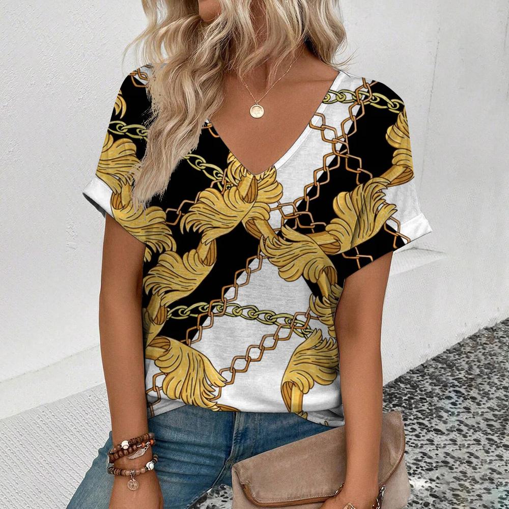 Женская футболка высокого качества с v-образным вырезом в стиле ретро, ​​футболка с золотым ожерельем и узором, модная футболка с принтом, женская футболка с короткими рукавами