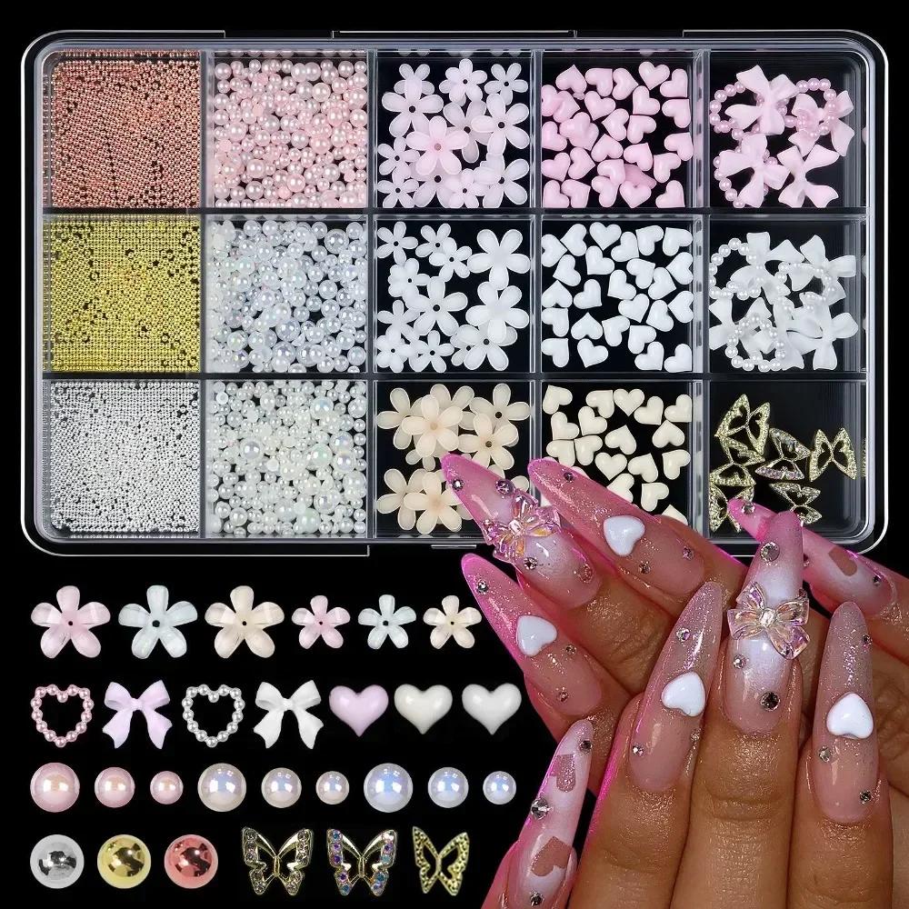 Hot New 3D Nail Art Decoration Kit with Resin Bows, Flat Back Pearls, and Assorted Shapes – Unscented DIY Craft Embellishments