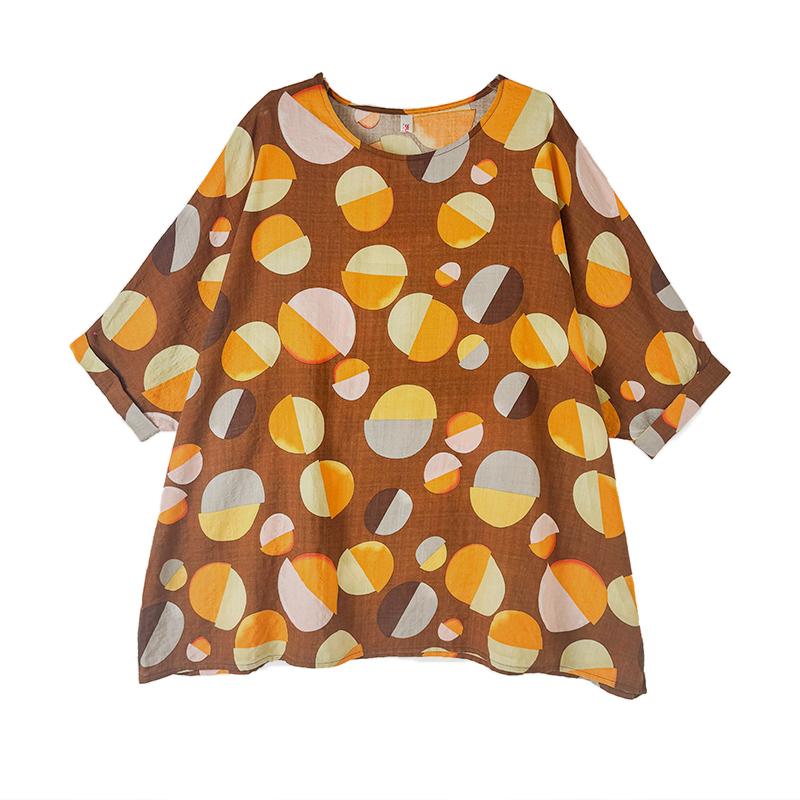 DIMANAF 2025 Весенняя футболка больших размеров Женская с принтом Рукав «летучая мышь» Горошек Винтажный Свободный топ Повседневный