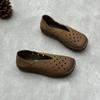Retro Handmade Genuine Leather Hollowed Out Flat Shoes Round Toe Soft Cowhide Women's Sandals