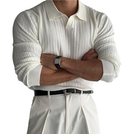 Весна Осень Мужской Верхний Трикотажный Нитка Slim Fit Пуловер Отложной Воротник Длинные Рукава Эластичный Чистый Цвет