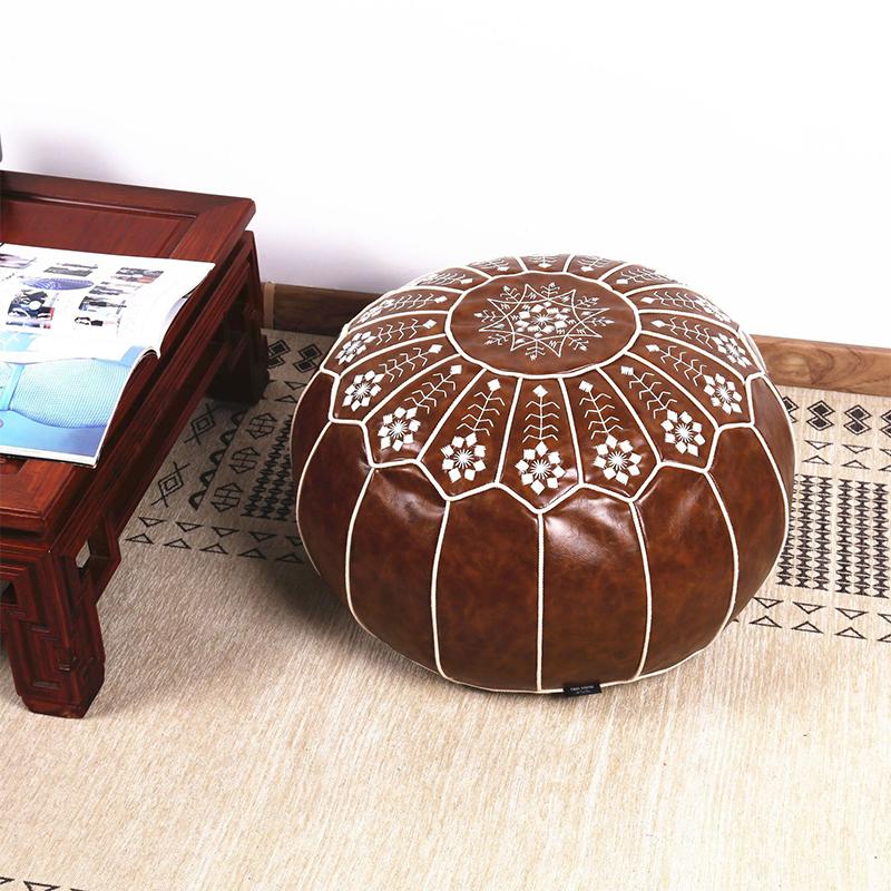 Home Decor Moroccan PU Leather Pouf Embroider Craft Ottoman Footstool Mediterranean Style Artificial Leather Unstuffed Cushion
