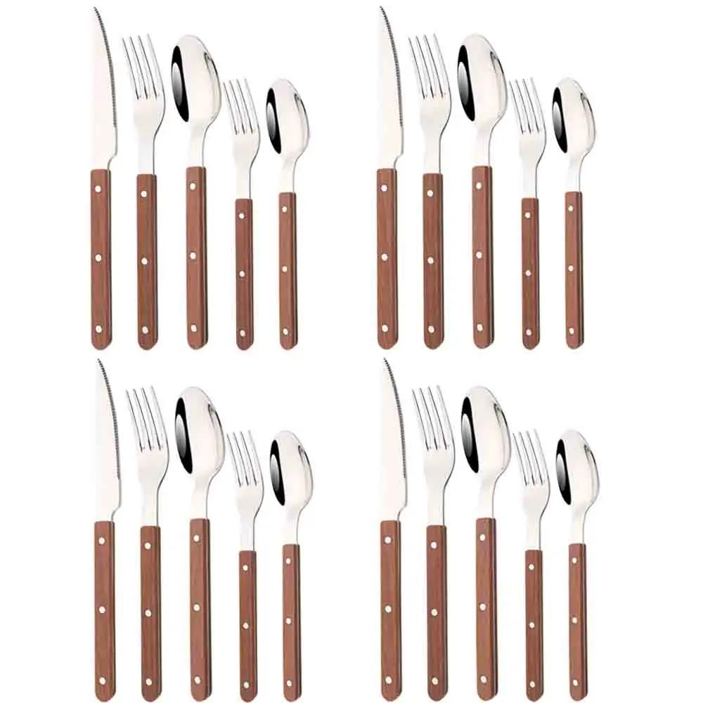5/20Pcs Imitative Wood Silver Dinnerware Set Western Knife Fork Spoons Set Mirror Stainless Steel Cutlery Kitchen Silverware Set
