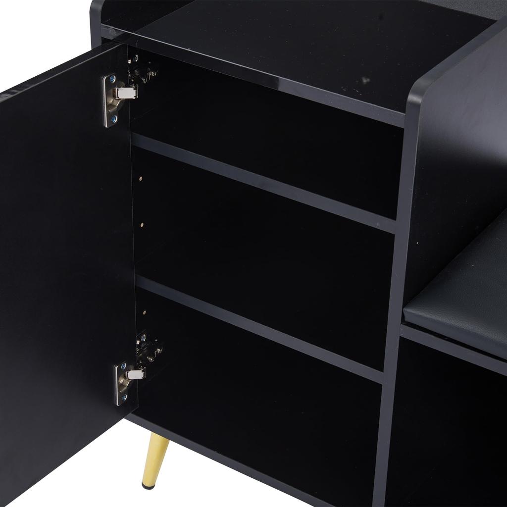 Schuhbank Schwarz Hochglanz Sitzbank Stauraum, gepolstert, 1 Schranktür, 2 offene Fächer, Schuhregal Flur, Eingang, Wohnzimmer, bis 100 kg