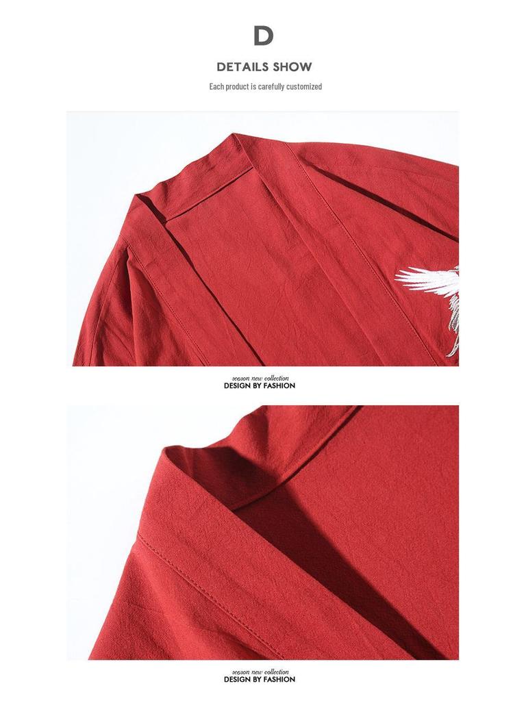 2025 Summer Men's Crane Embroidery Hanfu Cardigan – Chinese Style Kimono & Taoist Robe