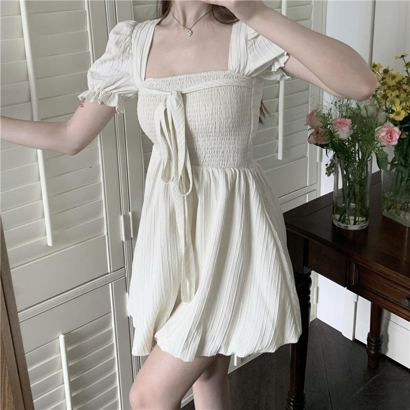 Женское летнее платье-трапеция с завязками, утягивающее, с французским квадратным воротником, с завышенной талией