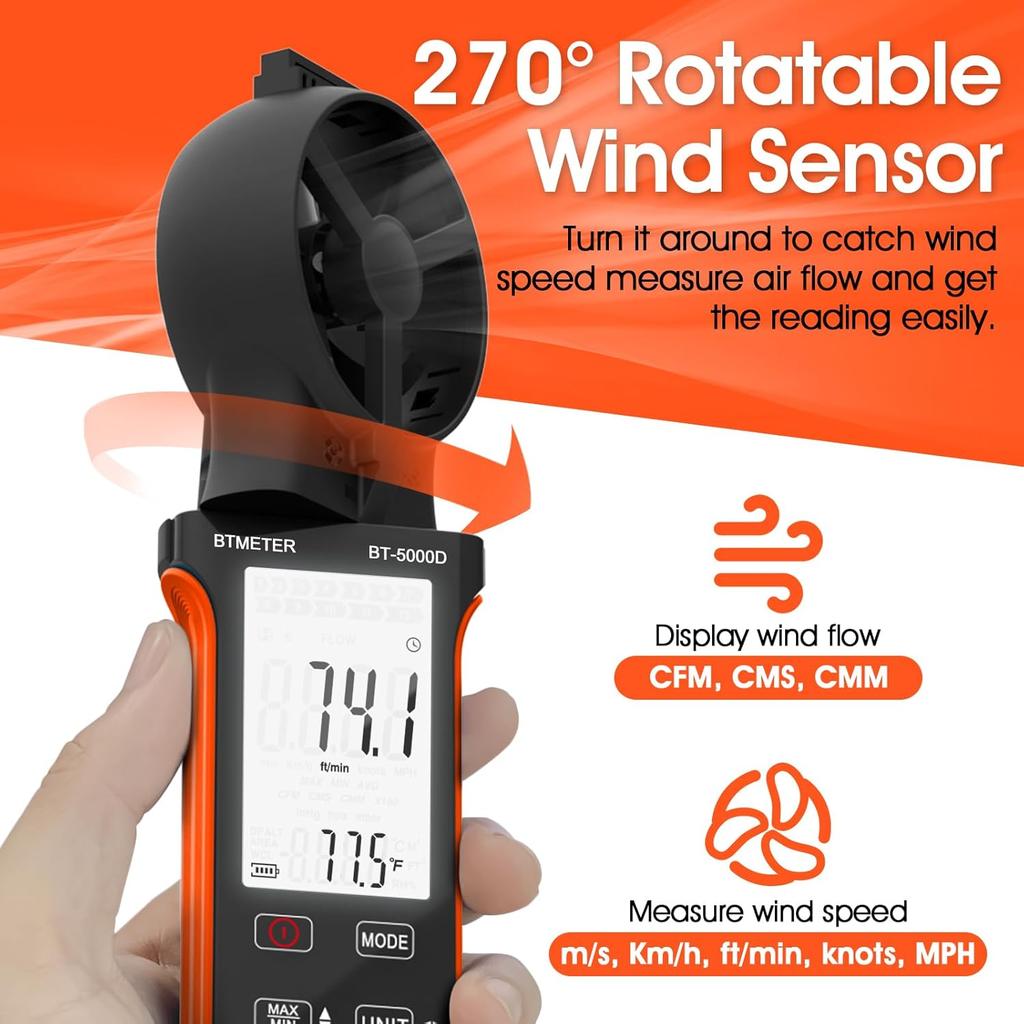 BT-5000D multifunctional anemometer, air volume and temperature measuring instrument with rotatable probe, dustproof, waterproof, rechargeable