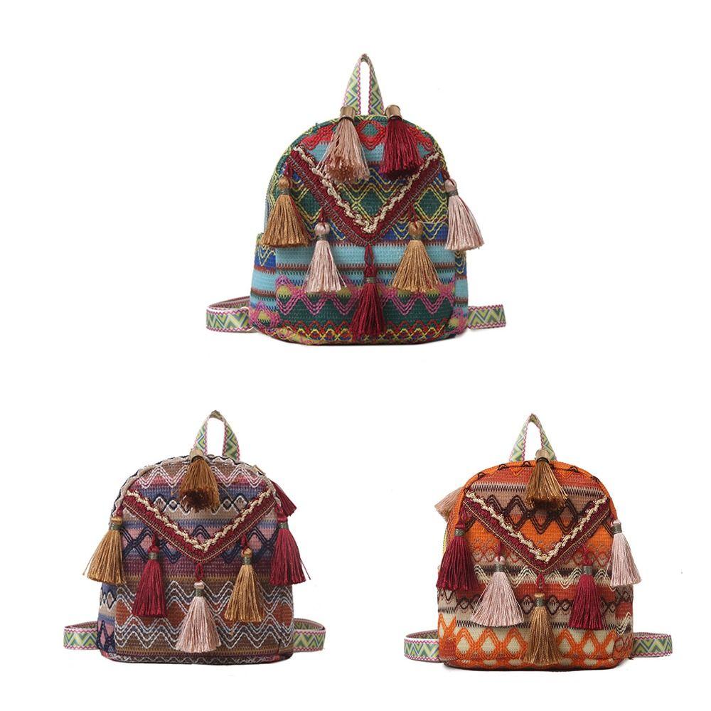 Stripe Ethnic Style Tassel Backpack Small School Bag Chinese Style Handbag Outdoor