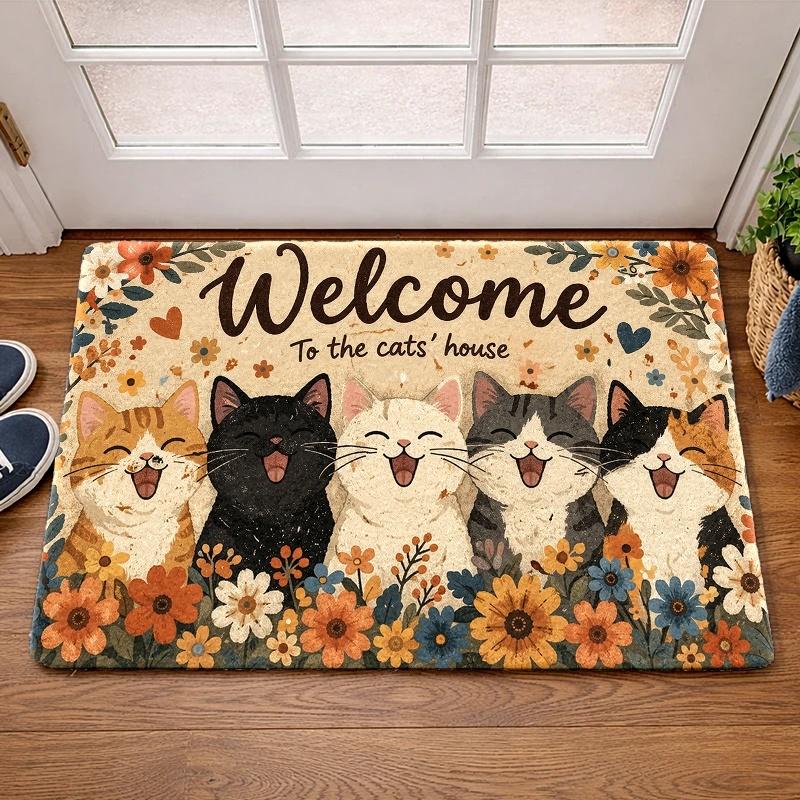 Flannel Floor Mat, Cute Cat Welcome Doormat, Suitable for Entrance, Kitchen, Bathroom, Bedroom, Living Room, Balcony, Corridor, Porch, Indoor And Outd