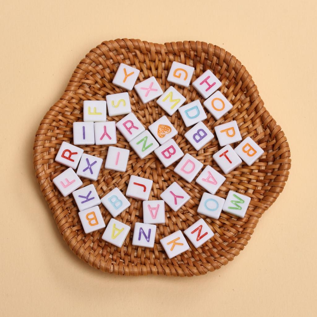 40Pcs 9*7mm Mixed Color Acrylic Flat Square Double Hole Letter Beads DIY Handmade Bracelet Necklace