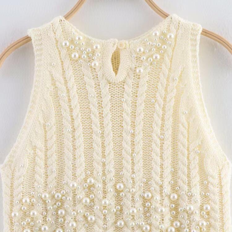 Spring 2025 Women's European & American Style Faux Pearl Round Neck Loose Knit Top