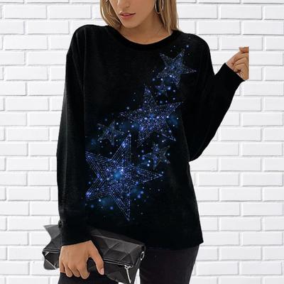 Женские осенние топы, свободные топы с блестящим принтом пентаграммы и котом, повседневная футболка с длинными рукавами, топ, блузка